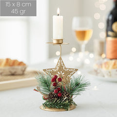 Suport Decorativ pentru Lumanare de Craciun, Kadeny, Ornament pentru Lumanare, Model Stea Aurie cu Crengute de Brad, din Art Metal, pentru Masa, fara Lumanare 15 x 8 cm, Auriu