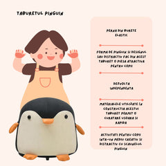 Taburet Pentru Copii, Kaveny, Cadru din Lemn Masiv, 25 x 29 x 29 cm, Perna de Burete Elastica si Maner de Transport, in Forma de Pinguin, Negru