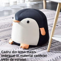 Taburet Pentru Copii, Kaveny, Cadru din Lemn Masiv, 25 x 29 x 29 cm, Perna de Burete Elastica si Maner de Transport, in Forma de Pinguin, Negru