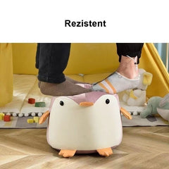 Taburet Pentru Copii, Kaveny, Cadru din Lemn Masiv, 25 x 29 x 29 cm, Perna de Burete Elastica si Maner de Transport, in Forma de Pinguin, Roz
