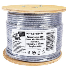Tambur cablu otel zincat Micul Fermier, plastifiat, diametru 4-5.5mm, lungime 100m