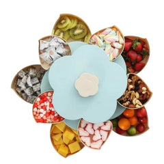 Tava pentru Servire, Kadeny, pentru Fructe / Legume / Snackuri, cu Sertare, Deschidere Rotativa, pe 2 Straturi, in Forma de Floare, 26 x 26 x 11.5 cm Albastru