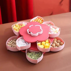 Tava pentru Servire, Kadeny, pentru Fructe / Legume / Snackuri, cu Sertare, Deschidere Rotativa, pe 2 Straturi, in Forma de Floare, 26 x 26 x 11.5 cm Roz