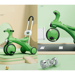 Tricicleta pentru copii Kaveny, pedalare, impingere, lumini si sunete, pedale antiderapante, material dur, cos depozitare, varsta peste 18 luni, 80x40x52 cm, verde