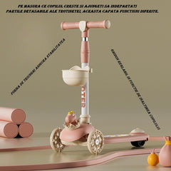 Trotineta Multifunctionala 3 in 1, Kaveny, pentru Copii, 1-7 Ani, cu Lumini si Muzica, Reglabil 360, Pliere Usoara, Reglarea Inaltimii, Model Dinozaur, Alb/Roz