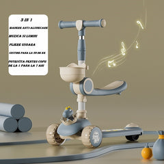 Trotineta Multifunctionala 3 in 1, Kaveny, pentru Copii, 1-7 Ani, cu Lumini si Muzica, Reglabil 360, Pliere Usoara, Reglarea Inaltimii, Model Dinozaur, Bej/Albastru