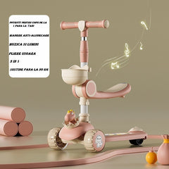 Trotineta Multifunctionala 3 in 1, Kaveny, pentru Copii, 1-7 Ani, cu Lumini si Muzica, Reglabil 360, Pliere Usoara, Reglarea Inaltimii, Model Dinozaur, Alb/Roz