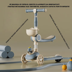 Trotineta Multifunctionala 3 in 1, Kaveny, pentru Copii, 1-7 Ani, cu Lumini si Muzica, Reglabil 360, Pliere Usoara, Reglarea Inaltimii, Model Dinozaur, Bej/Albastru