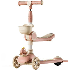 Trotineta Multifunctionala 3 in 1, Kaveny, pentru Copii, 1-7 Ani, cu Lumini si Muzica, Reglabil 360, Pliere Usoara, Reglarea Inaltimii, Model Dinozaur, Alb/Roz