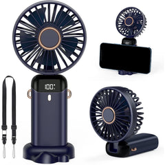 Ventilator Ultra Portabil cu Aromaterapie, Kaveny, 3 in 1, de Mana, de Birou, de Gat, 5 Trepte de Viteza, Incarcare USB, Autonomie 12h, Pliabil, cu Ecran LCD, Albastru