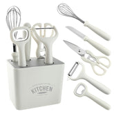 Set 6 ustensile bucatarie Kaveny, cu suport inclus, desfacator, curatator legume, foarfeca, cutit, tel, ABS si inox, alb