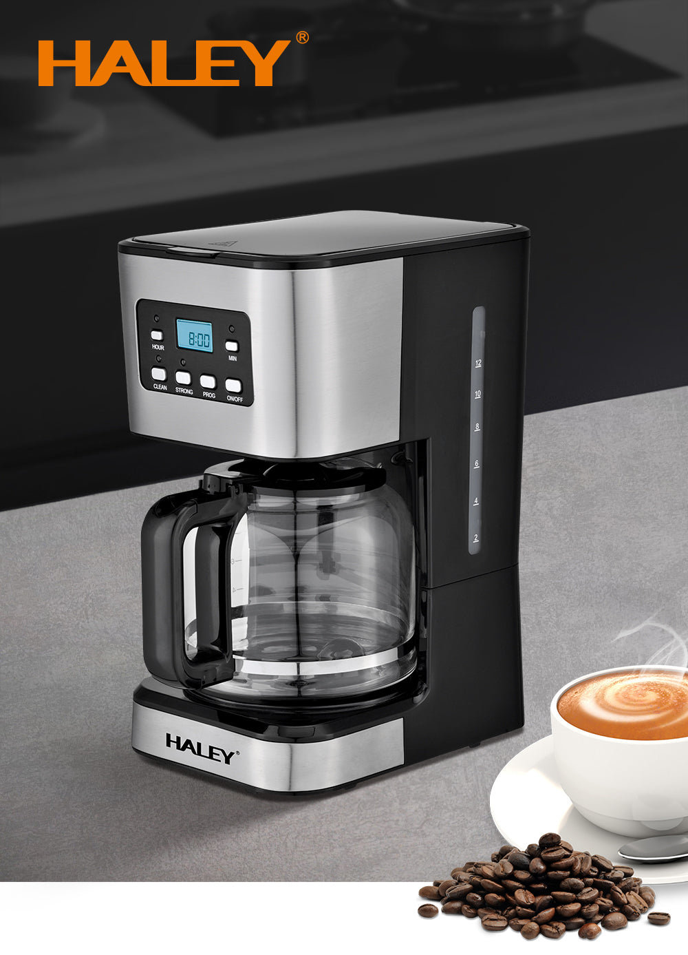 Aparat de Cafea HALEY 950W, 1.5L, LED Display, Anti-Drip, Brewing Inteligent, Inox, Control Temperatura Precis