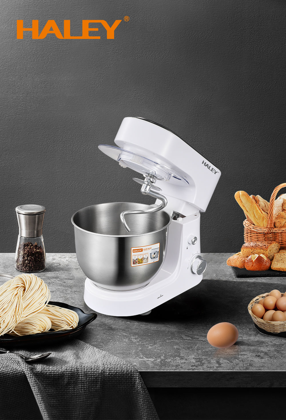 Mixer Profesional HALEY HY-2409, 1200W, Bol 6L Inox, 6 Viteze + Pulse, Alb/Inox, Silentios, Protectie Intrerupere