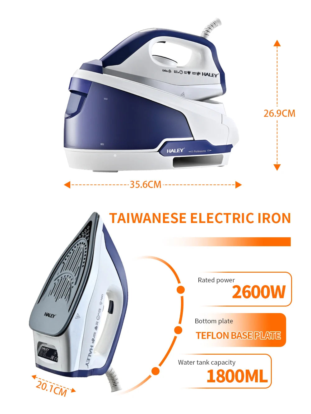 Statie de Calcat cu Abur HALEY HY-2080, 2600W – 1800ml, Talpa Ceramica, Self-Cleaning, Anti-Drip, Anti-Calc, LED