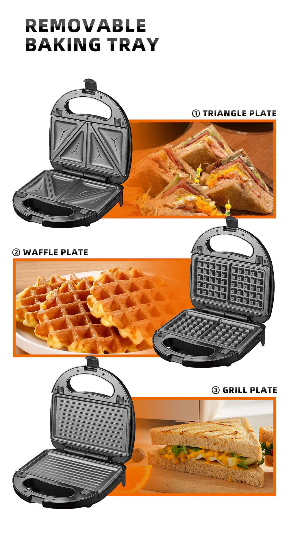 Sandwich Maker 3 in 1 HALEY® HY-1031, Placi Antiaderente, Grill si Waffle, Design Compact, Negru
