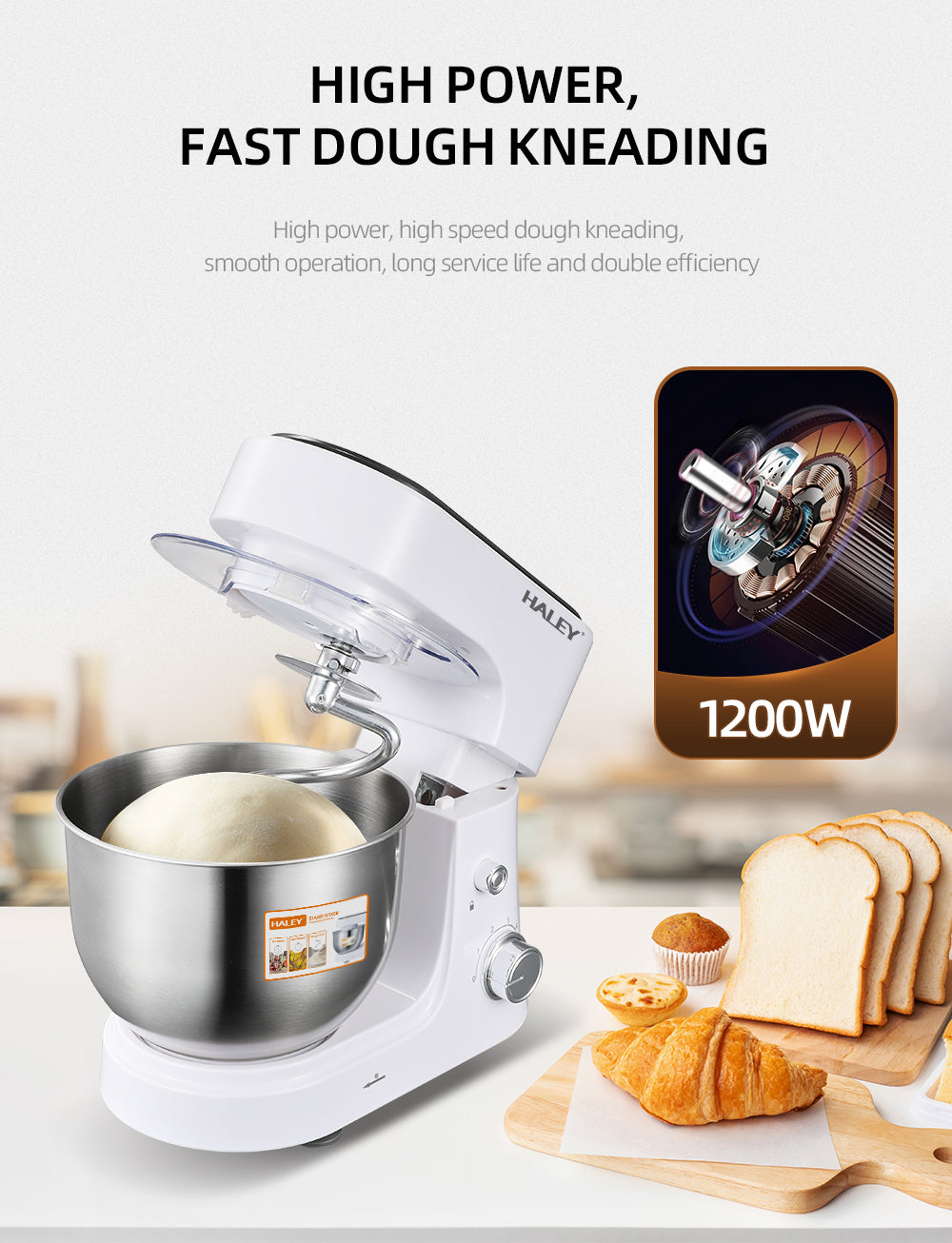 Mixer Profesional HALEY HY-2409, 1200W, Bol 6L Inox, 6 Viteze + Pulse, Alb/Inox, Silentios, Protectie Intrerupere