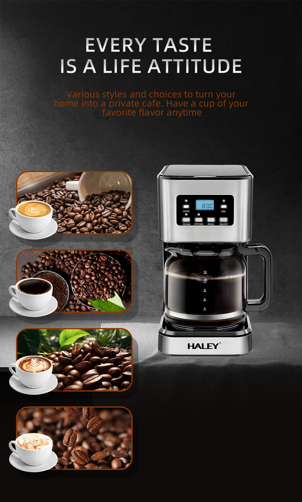Aparat de Cafea HALEY 950W, 1.5L, LED Display, Anti-Drip, Brewing Inteligent, Inox, Control Temperatura Precis