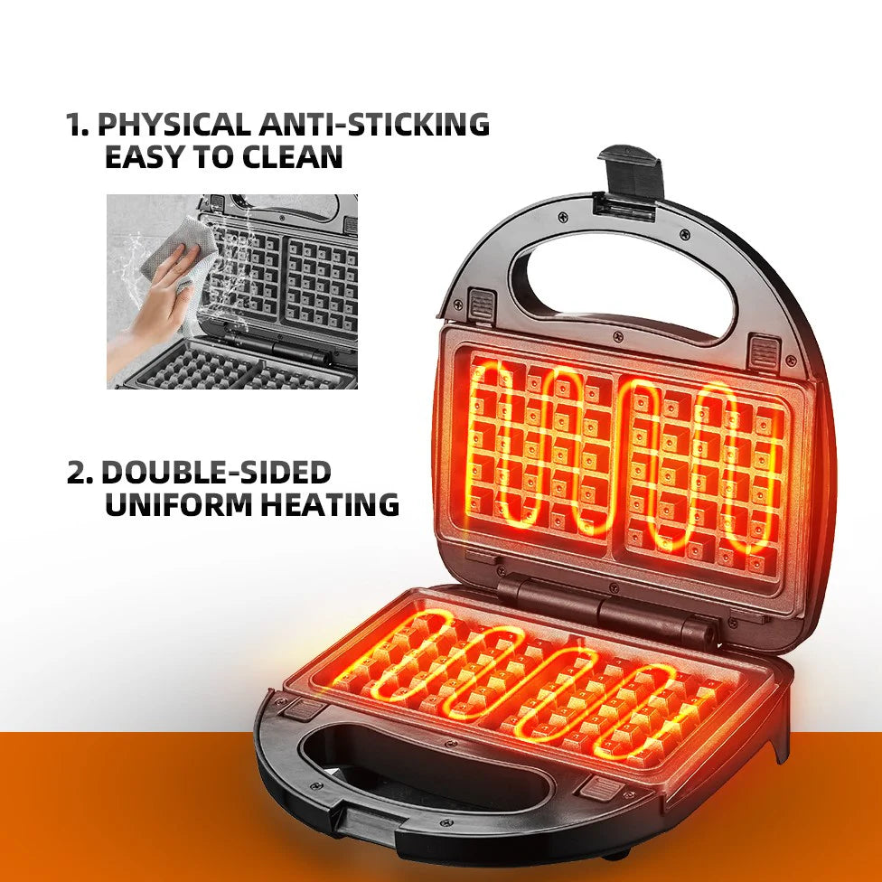 Sandwich Maker 3 in 1 HALEY® HY-1031, Placi Antiaderente, Grill si Waffle, Design Compact, Negru