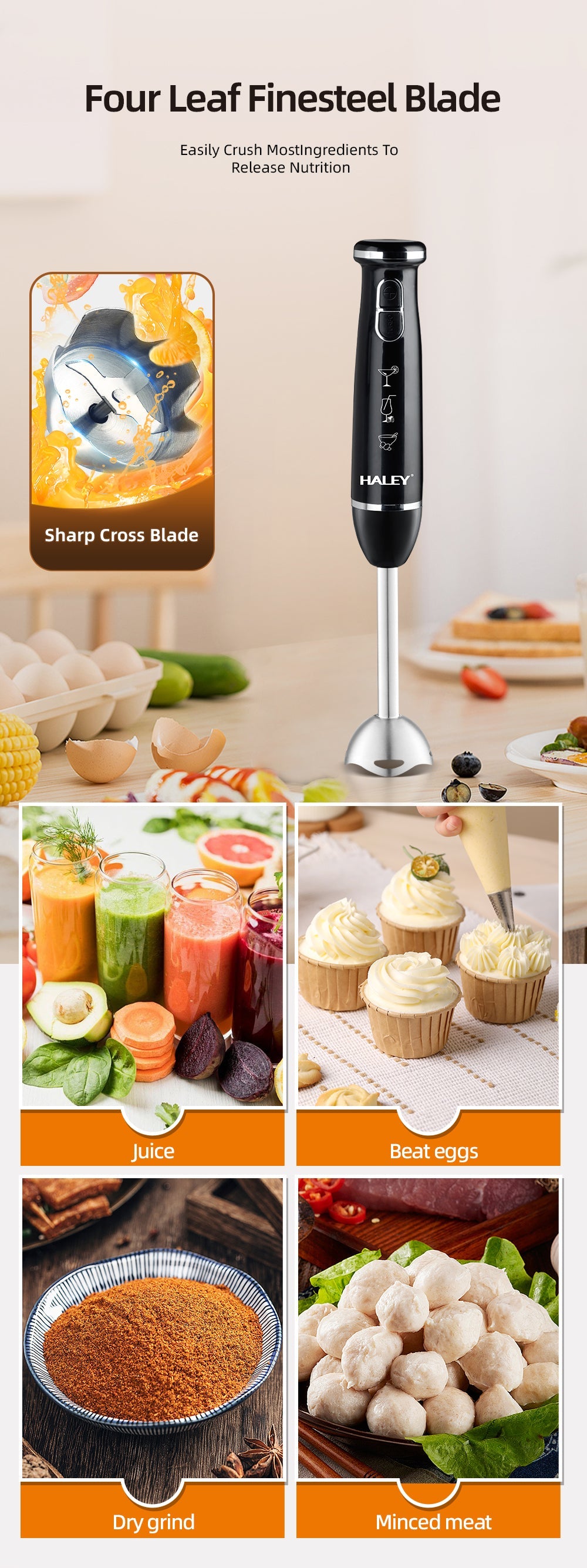 Blender Vertical HALEY 1200W cu Lame Inox, 2 Viteze, Motor Silentios, Maner Anti-Alunecare | Design Compact 37 cm