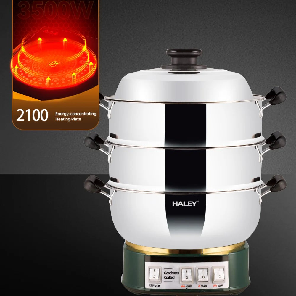 Vas Electric Multifunctional HALEY HY-501, 2100W, Inox Premium cu Abur pe Doua Nivele, Ideal pentru Gatit Sanatos Acasa sau la Hotel