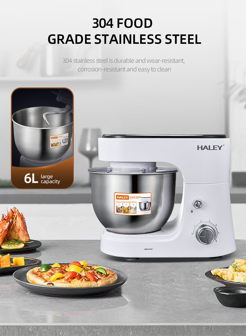 Mixer Profesional HALEY HY-2409, 1200W, Bol 6L Inox, 6 Viteze + Pulse, Alb/Inox, Silentios, Protectie Intrerupere