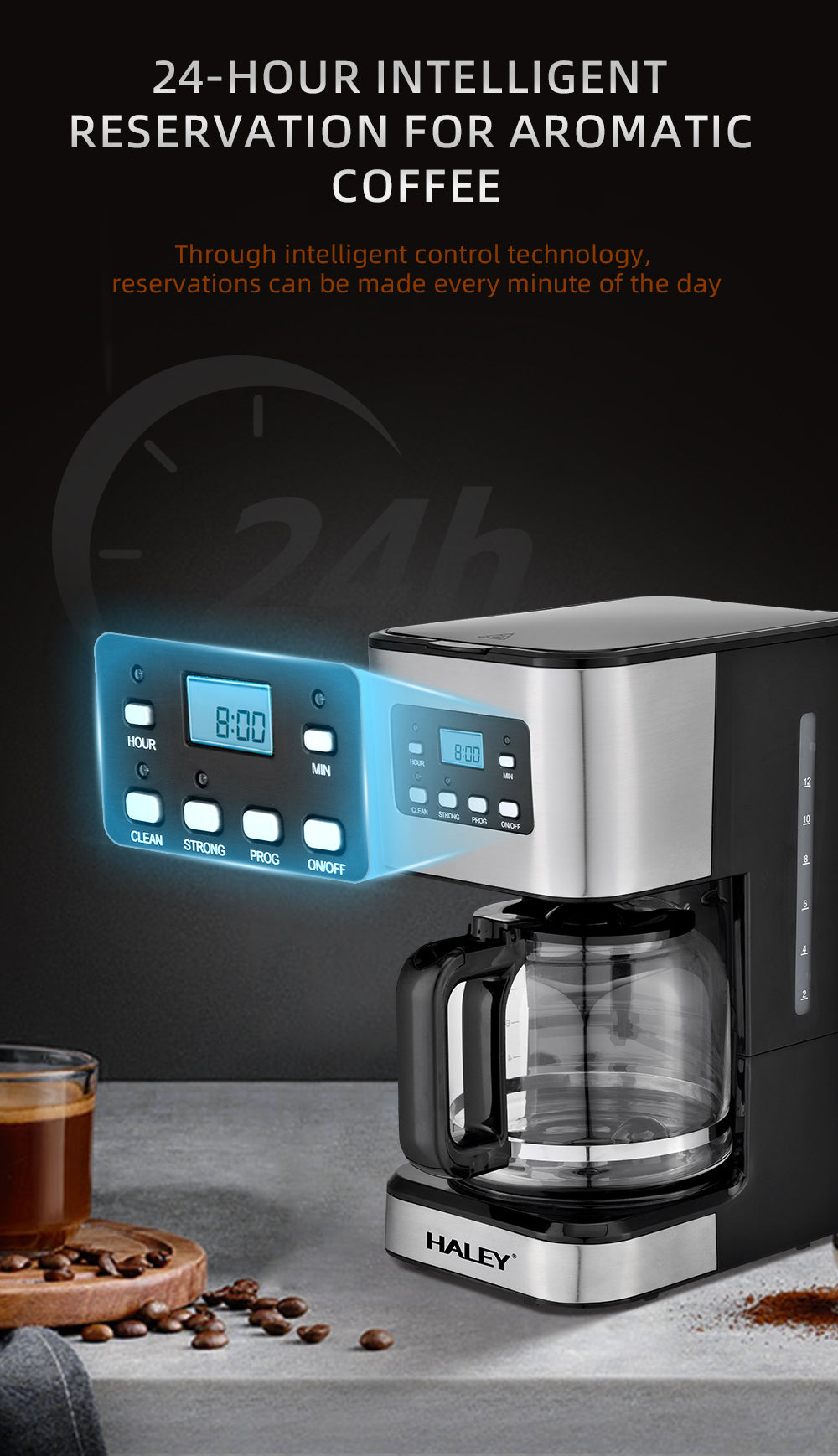 Aparat de Cafea HALEY 950W, 1.5L, LED Display, Anti-Drip, Brewing Inteligent, Inox, Control Temperatura Precis