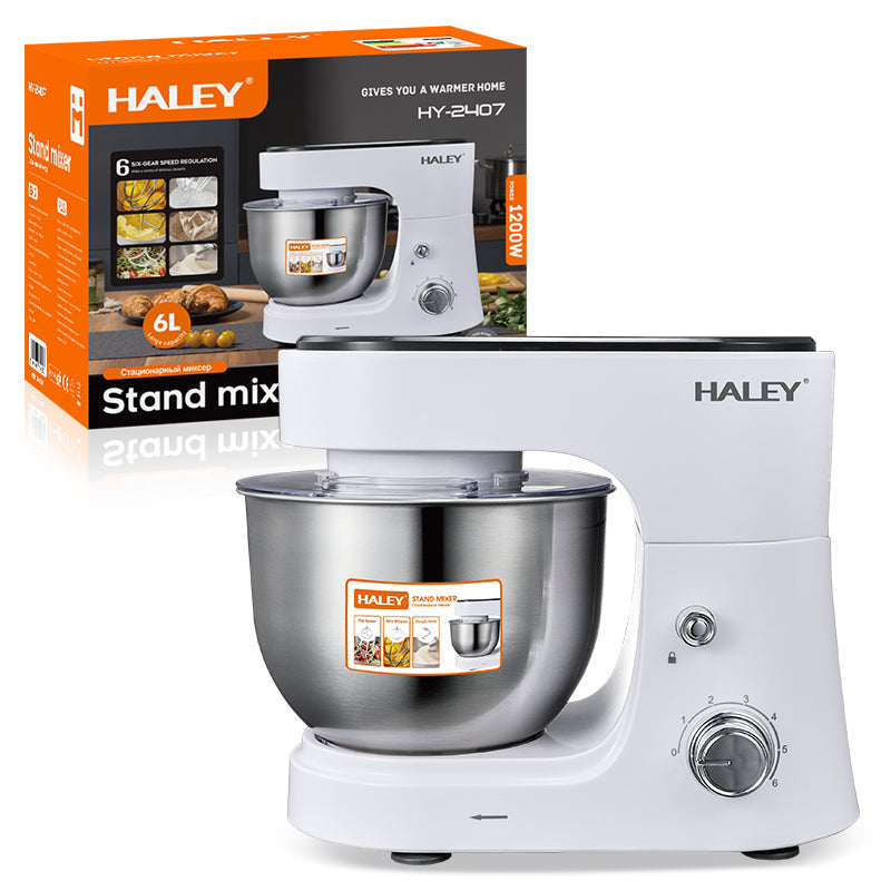 Mixer Profesional HALEY HY-2409, 1200W, Bol 6L Inox, 6 Viteze + Pulse, Alb/Inox, Silentios, Protectie Intrerupere