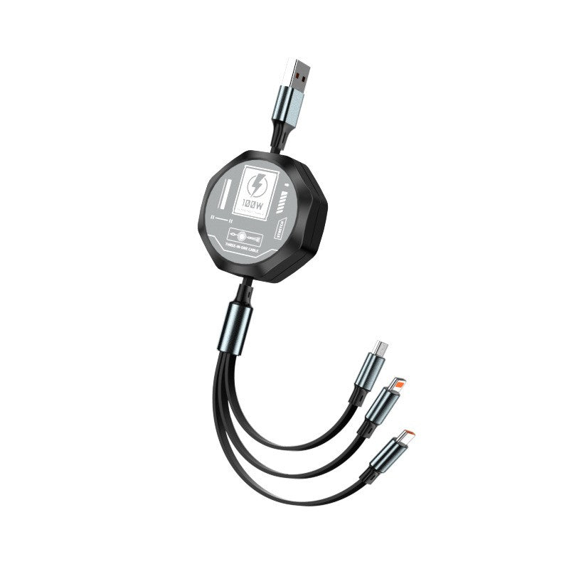 Cablu Retractabil 3in 1 pentru Telefon, Kadeny, Cablu de incarcare rapida 100W, stil Mecha, potrivit pentru Auto, Universal 1.2M, Negru