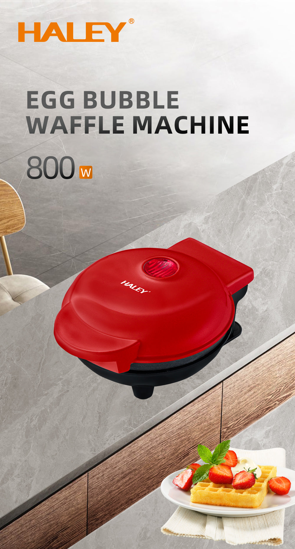 Aparat Mini Waffe HALEY®, 800W, Placi Antiaderente, Indicator Luminos, Design Compact, Rosu