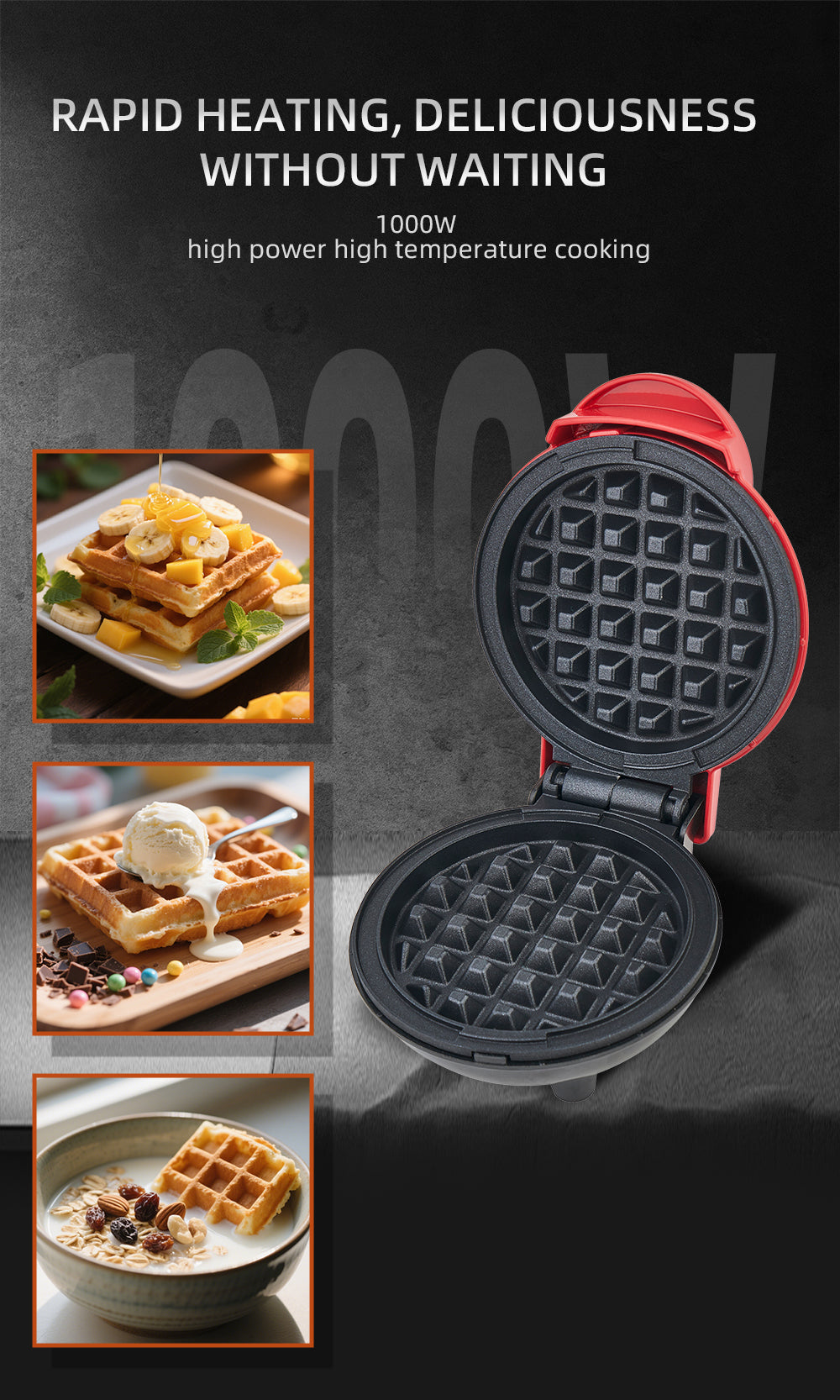 Aparat Mini Waffe HALEY®, 800W, Placi Antiaderente, Indicator Luminos, Design Compact, Rosu