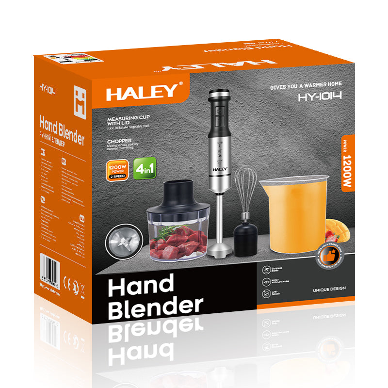Blender de Mana Electric HALEY 4-in-1, 1200W, Otel Inoxidabil, 2 Viteze + Accesorii – Tocator, Tel, Pahar, Multifunctional pentru Bucatarie