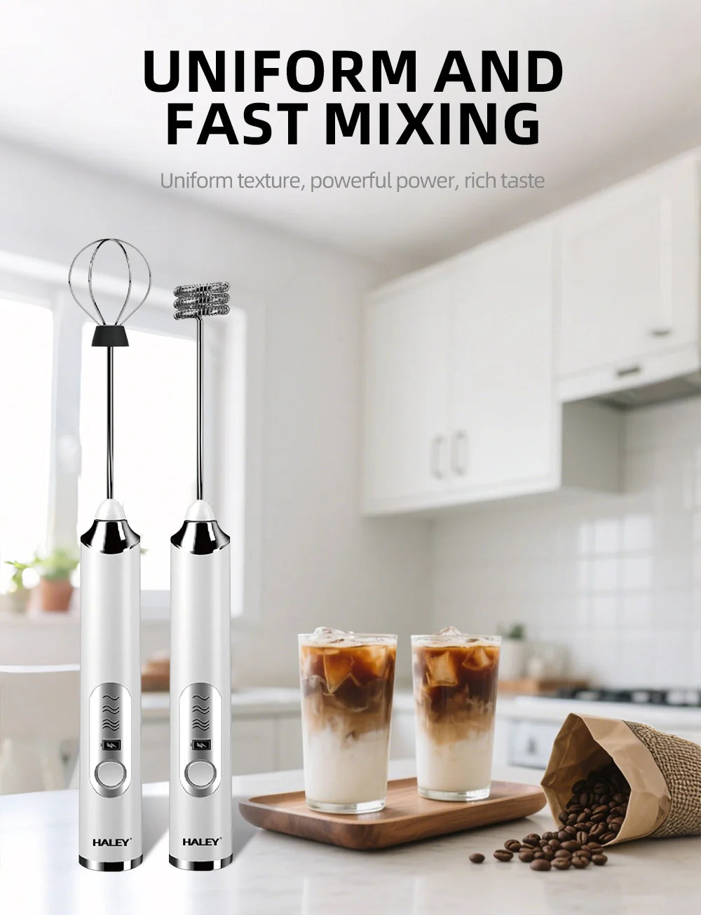 Spumator de Lapte Electric HALEY HY-1130, 20W, 3 Viteze, Incarcare USB, 2 Capete Inox, Multifunctional 2 in 1