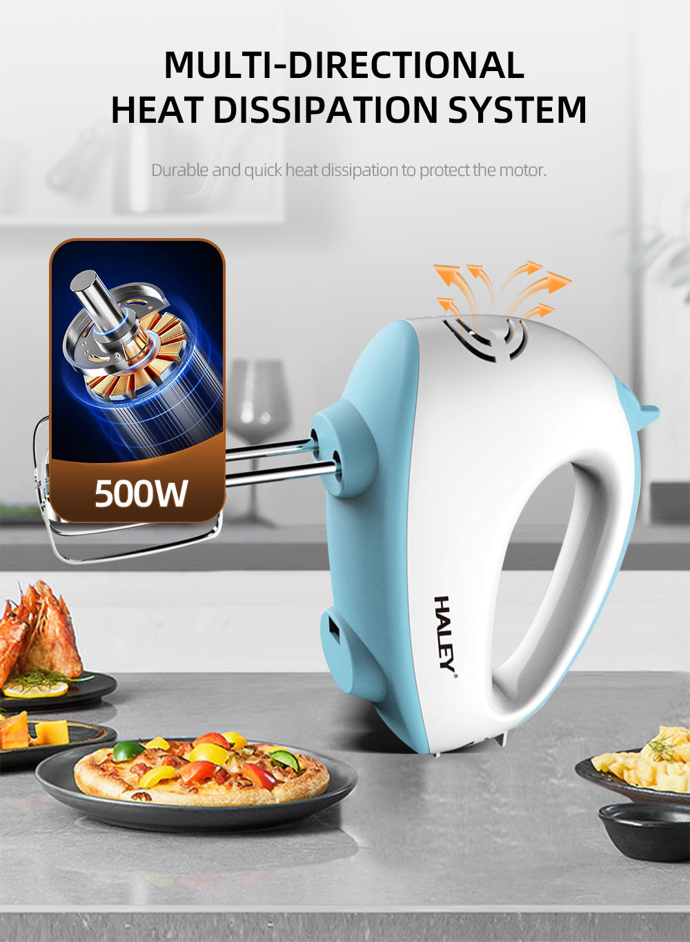 Mixer de Mana Haley 500W, 7 Trepte Viteza, Alb/Albastru, Silentios, Accesorii Incluse