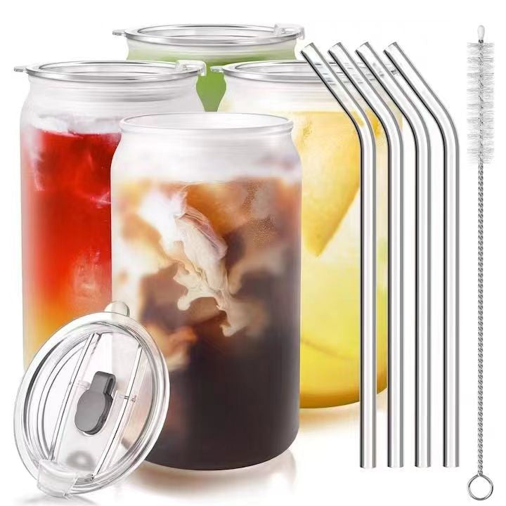 Set 4 Pahare din Sticla, Kaveny, Capace din Plastic si Paie Incluse, 500 mL, Transparente