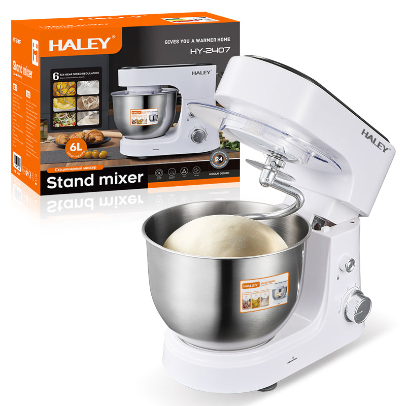 Mixer Profesional HALEY HY-2409, 1200W, Bol 6L Inox, 6 Viteze + Pulse, Alb/Inox, Silentios, Protectie Intrerupere
