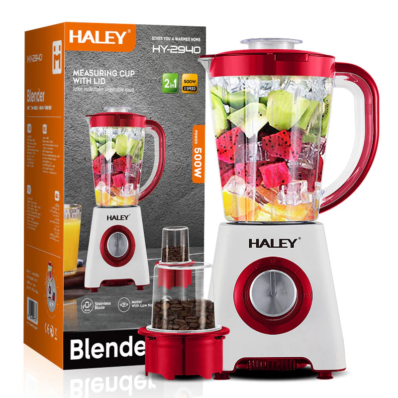 Blender 2 in 1 HALEY® HY-2940, 500W, Capacitate 1.6L, Functie Ice Crush, Protectie Supraincalzire, Alb/Rosu