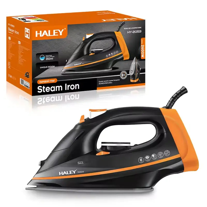 Fier de calcat cu abur HALEY® HY-2053, 2600W, Talpa ceramica, Rezervor 350ml, Functie Abur Vertical, Auto-curatare, Anti-Picurare, Negru/Portocaliu