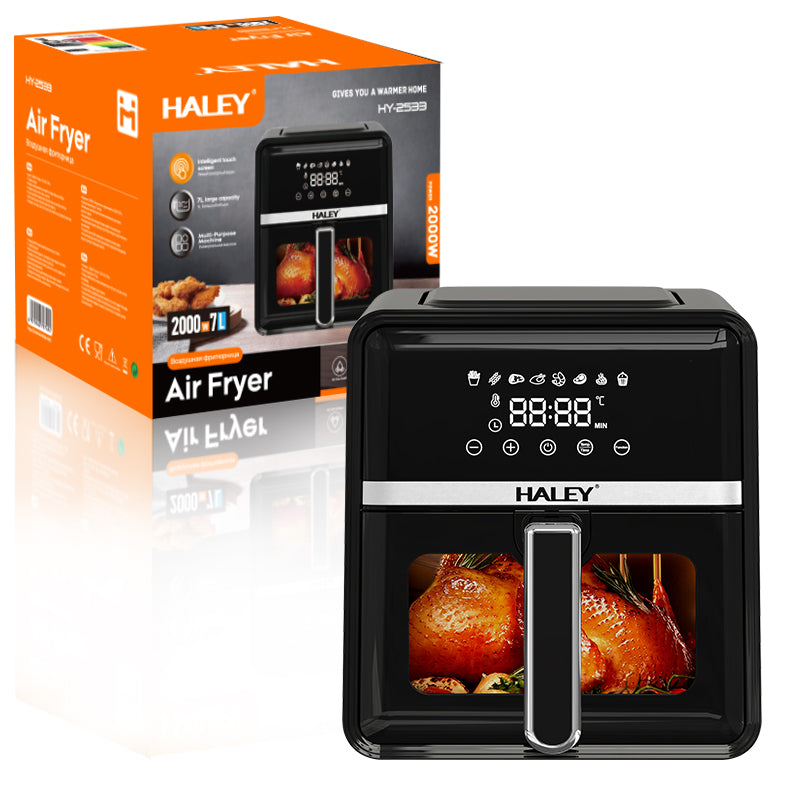 Friteuza cu Aer Cald HALEY 7L, 2000W – Gatire 360°, Touchscreen Holografic, Geam Vizualizare 180°, 8 Programe, Fara Ulei | Gatit Sanatos si Crocant