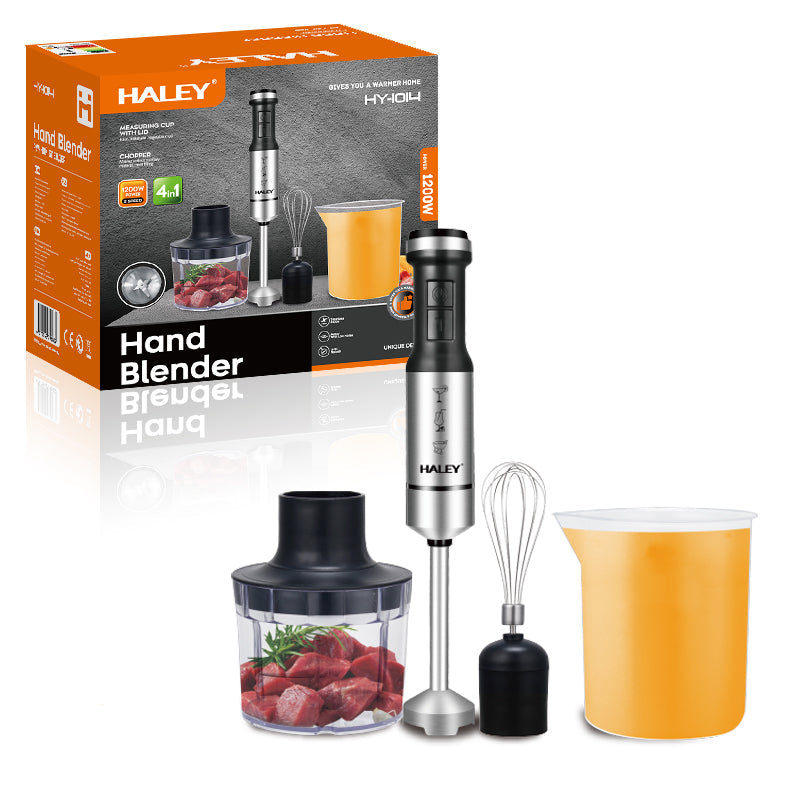 Blender de Mana Electric HALEY 4-in-1, 1200W, Otel Inoxidabil, 2 Viteze + Accesorii – Tocator, Tel, Pahar, Multifunctional pentru Bucatarie