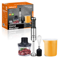 Blender de Mana Electric HALEY 4-in-1, 1200W, Otel Inoxidabil, 2 Viteze + Accesorii – Tocator, Tel, Pahar, Multifunctional pentru Bucatarie