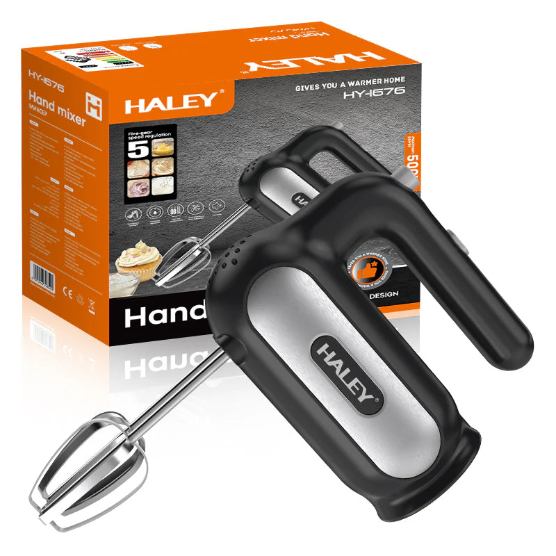 Mixer de Mana Electric HALEY HY-1676, 500W, 5 Viteze + Turbo, Cu Teluri si Carlige din Inox, Usor si Puternic pentru Creme, Aluat si Deserturi