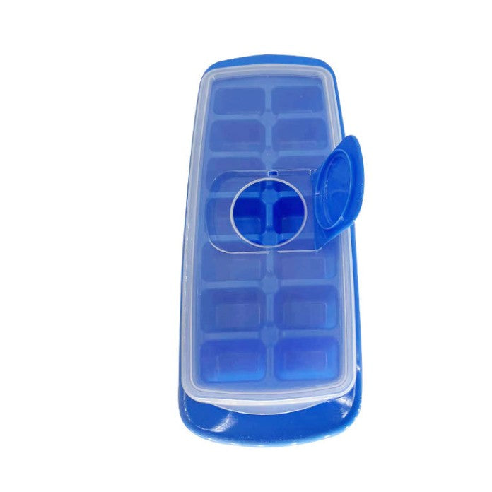 Forma pentru cuburi de gheata Kaveny, 14 cuburi, reutilizabil, plastic alimentar, cu capac, orificiu umplere, dreptunghiulara, 29.5 x 12.5 x4 cm, albastru