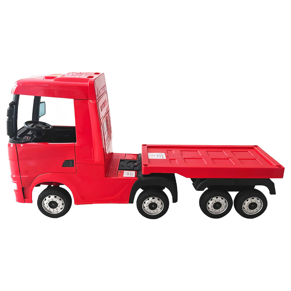 Camion electric cu remorca pentru copii oficial licentiat, KIDOO, 12V, 2 motoare 35W, telecomanda 2.4G, suspensie pe 4 roti, lumini, muzica, viteza 3-5 km/h, usi functionale