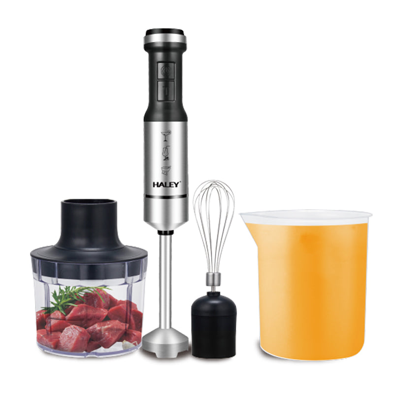 Blender de Mana Electric HALEY 4-in-1, 1200W, Otel Inoxidabil, 2 Viteze + Accesorii – Tocator, Tel, Pahar, Multifunctional pentru Bucatarie