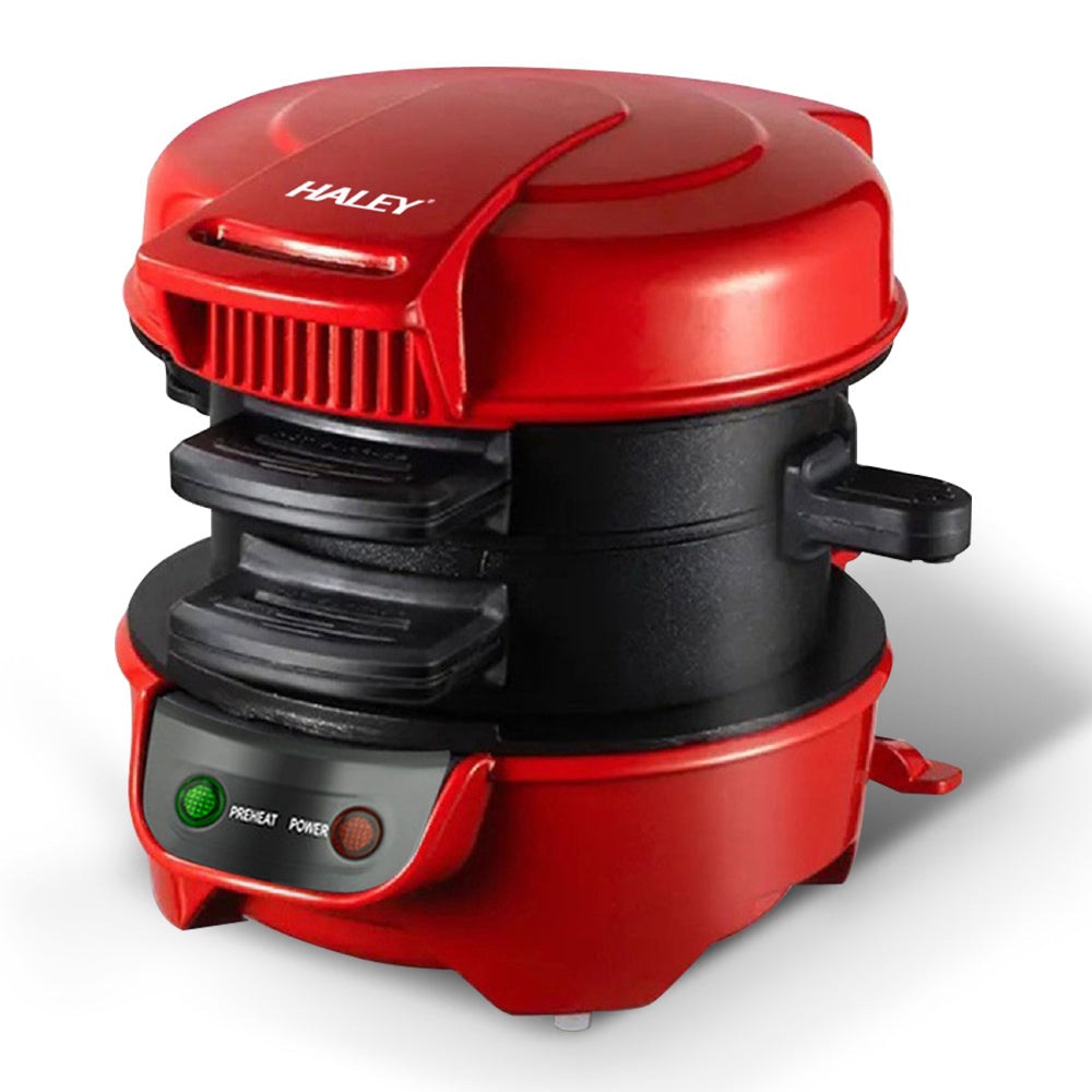 Aparat de facut Burgeri Haley, 600W – Mic Dejun Rapid, Placi Antiaderente, Incalzire Uniforma, Deschidere 180°