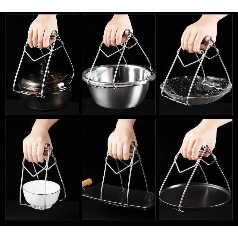 Clema pentru Boluri, Kadeny, Anti-Alunecare, din Otel Inoxidabil, Extindere, pentru Oale, Tigai, de Uz Casnic, Rezistent la Temperaturi Inalte, 19.5x9.8x8 cm, Maner Maro, Gri