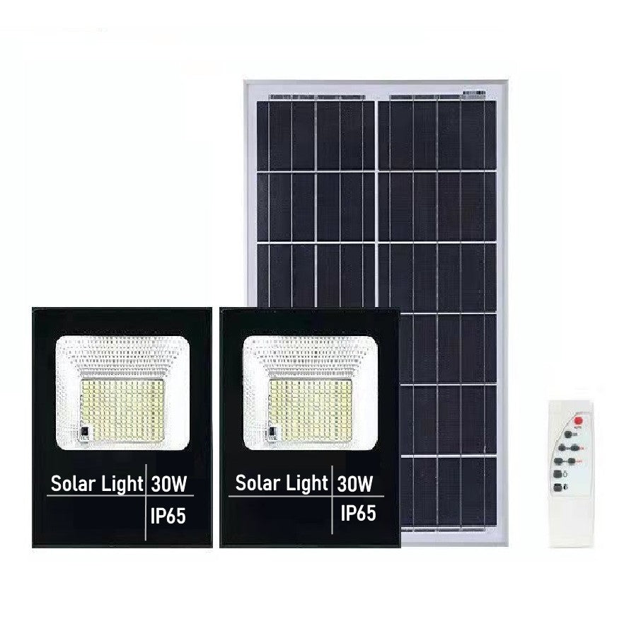 Set 2 proiectoare LED SMD 30W cu incarcare solara Kaveny, panou solar, cu telecomanda, suport prindere, material ABS, 1.2AH, 200LED-uri, 13x13.5 cm, negru