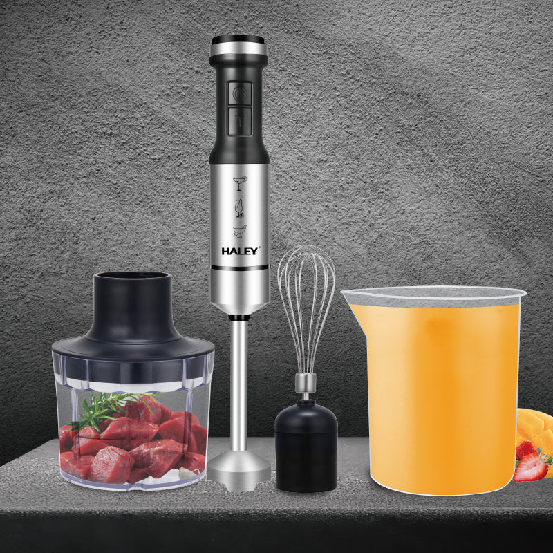 Blender de Mana Electric HALEY 4-in-1, 1200W, Otel Inoxidabil, 2 Viteze + Accesorii – Tocator, Tel, Pahar, Multifunctional pentru Bucatarie