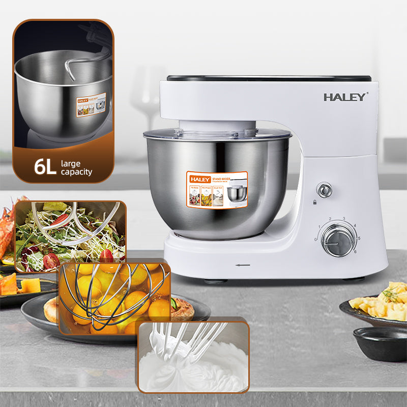 Mixer Profesional HALEY HY-2409, 1200W, Bol 6L Inox, 6 Viteze + Pulse, Alb/Inox, Silentios, Protectie Intrerupere