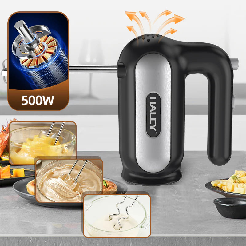 Mixer de Mana Electric HALEY HY-1676, 500W, 5 Viteze + Turbo, Cu Teluri si Carlige din Inox, Usor si Puternic pentru Creme, Aluat si Deserturi